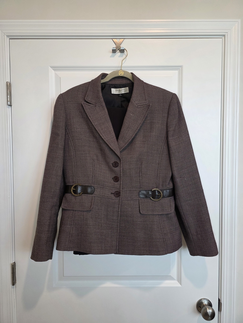 Tahari Brown Tweed Blazer with Leather Belt Details and Wide Leg Pants